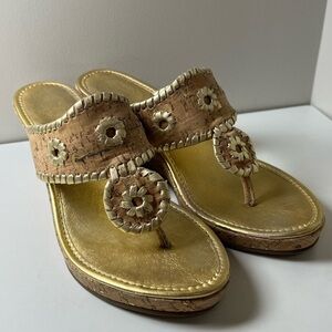 Jack Roger’s Size 8.5 Thong Cork Gold Wedges Like New Summer Vacation Show EUC